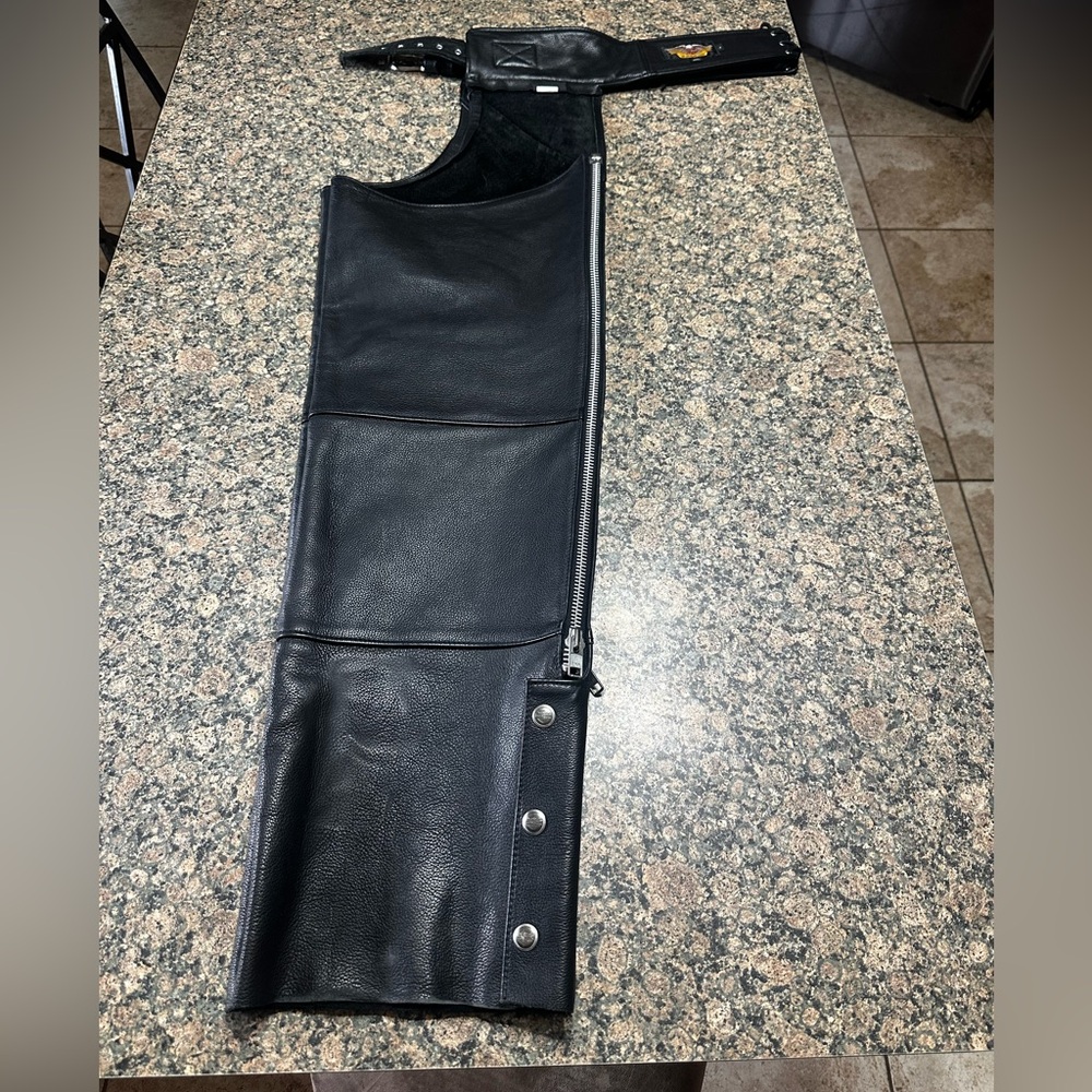 Harley Davidson Womens Biker Chaps Black Leather Adjustable Large Raw Hems